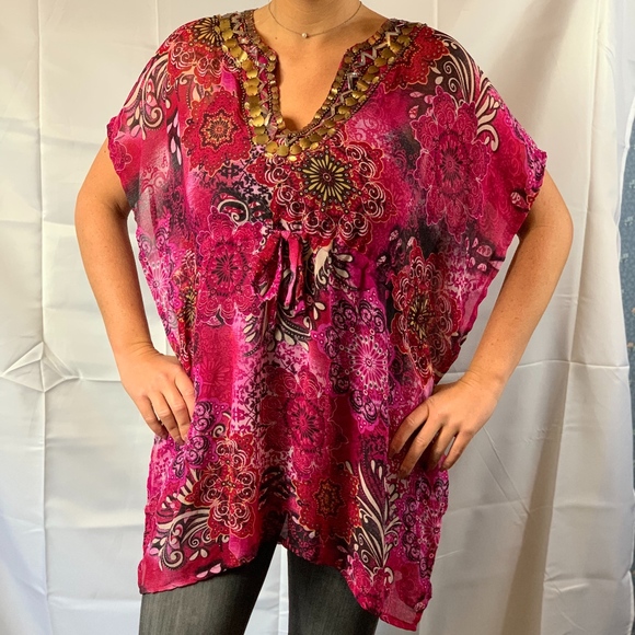 Raviya Tops - Raviya Sheer Pink Boho Shirt Split Sides